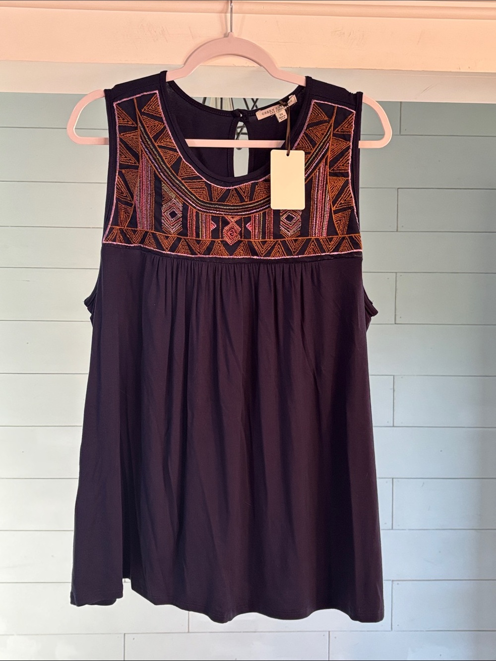 Green Envelope Black Sleeveless Tank with Multicolor Embroidered Yoke